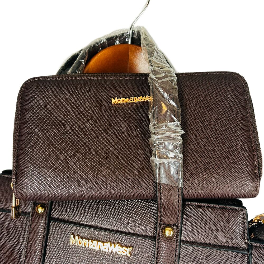 💐 Montana West NEW Crossbody Double Handle Bag Wallet Solid Brown Vegan Leather - Picture 2 of 11